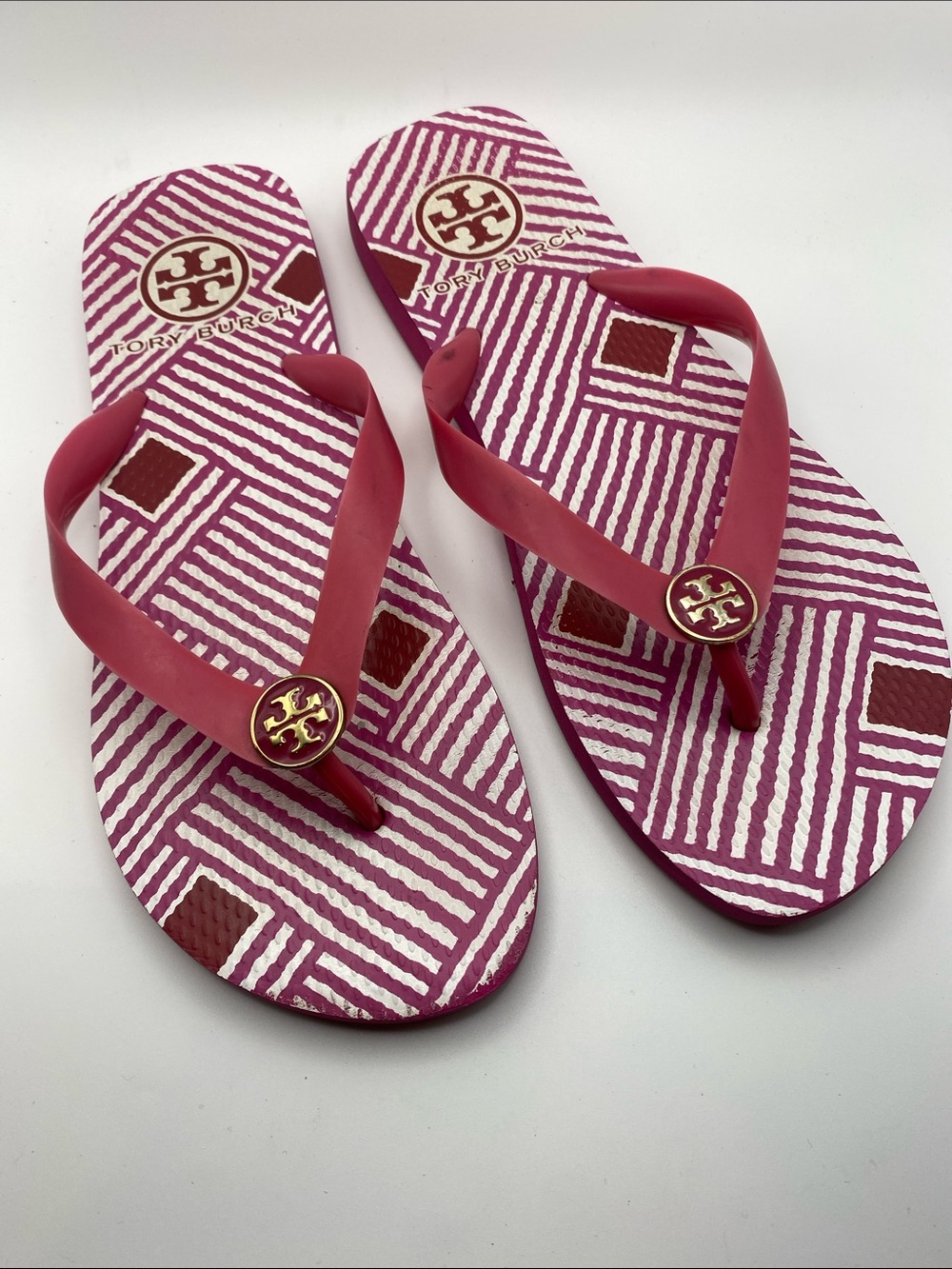 Tory Burch Magenta Striped Logo Flip Flops